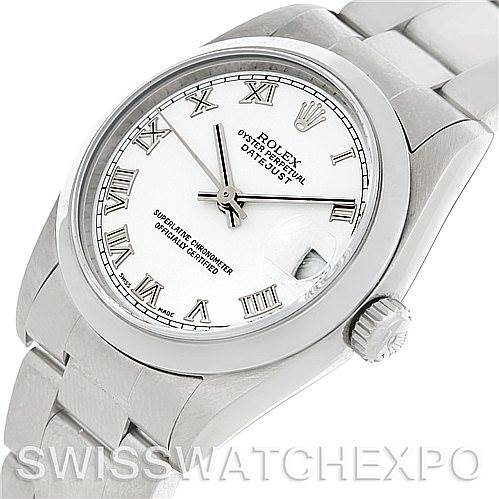 The image shows a top-side view of a Rolex Mid-Size 78240 Women's Stainless Steel White Dial 78240 Women's Stainless Steel White Dial Datejust watch, highlighting its dial, bezel, crown, and a portion of the bracelet.