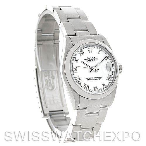 This image shows a side angle of a Rolex Mid-Size 78240 Women's Stainless Steel White Dial 78240 Women's Stainless Steel White Dial model, highlighting the watch face, bezel, bracelet, and partially open clasp.