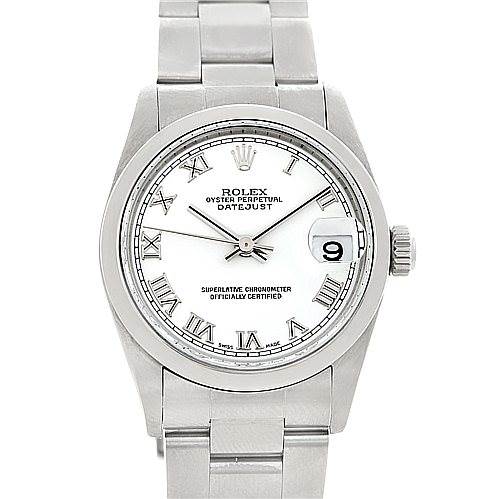 The image shows a Rolex Datejust Mid-Size model from a front angle, clearly displaying the watch face, bezel, crown, and part of the bracelet.