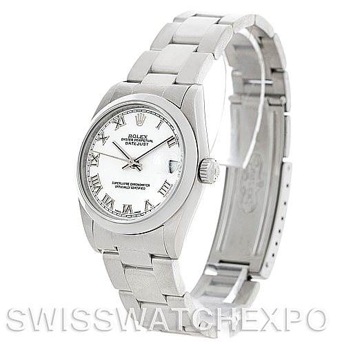 The Rolex Mid-Size 78240 Women's Stainless Steel White Dial 78240 Women's Stainless Steel White Dial watch is shown at a side angle, highlighting the face, bracelet, and partly open clasp.