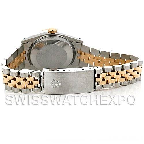 This image shows the back and bracelet clasp of a Rolex Mid-Size 68273 Women's Stainless Steel Champagne Dial 68273 Women's Stainless Steel Champagne Dial watch, displaying a two-tone metal design.