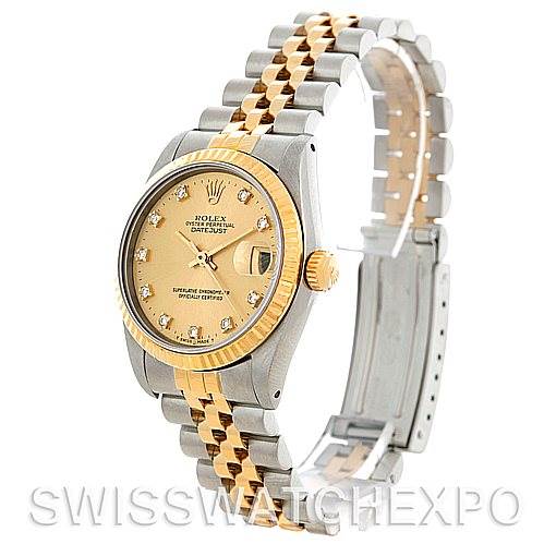The image shows a Rolex Mid-Size 68273 Women's Stainless Steel Champagne Dial 68273 Women's Stainless Steel Champagne Dial Datejust watch at a slight angle, highlighting its two-tone bracelet, champagne dial, and diamond hour markers.