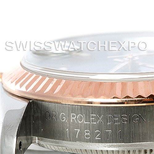 This image shows a detailed close-up of the bezel and side of a Rolex Mid-Size 178271 Women's Steel and Gold (two tone) Blue Dial 178271 Women's Steel and Gold (two tone) Blue Dial watch, highlighting its model number 178271.