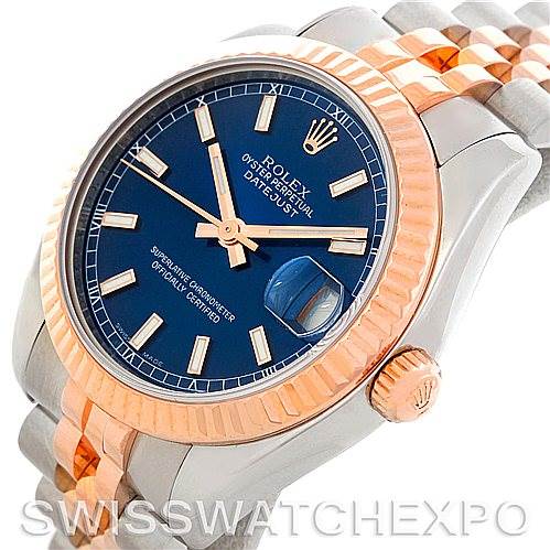 The image shows a side angle of a Rolex Mid-Size 178271 Women's Steel and Gold (two tone) Blue Dial 178271 Women's Steel and Gold (two tone) Blue Dial Oyster Perpetual Datejust, highlighting the dial, bezel, crown, and part of the bracelet.