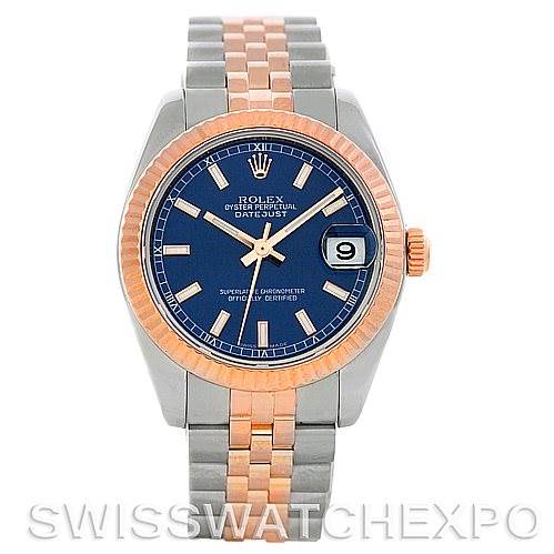 The image shows a front view of a Rolex Mid-Size 178271 Women's Steel and Gold (two tone) Blue Dial 178271 Women's Steel and Gold (two tone) Blue Dial Datejust watch with a blue dial, two-tone bezel, and jubilee bracelet.