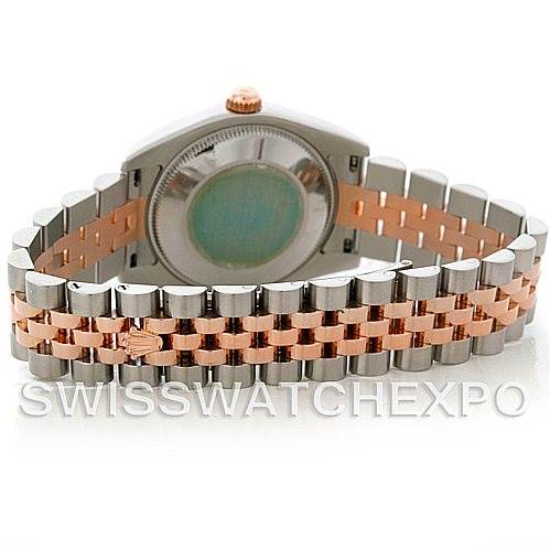This image shows the back and bracelet of a Mid-Size Rolex watch, highlighting the two-tone metal link design.