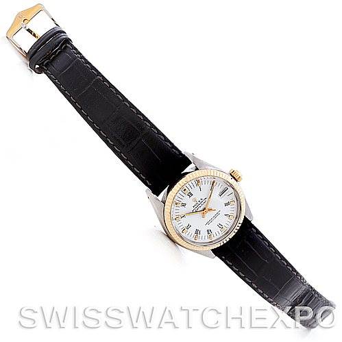 This image shows a Rolex Mid-Size 6827 Women's Stainless Steel White Dial 6827 Women's Stainless Steel White Dial watch at a slight angle, focusing on the full face, bezel, and black leather strap with a gold buckle.