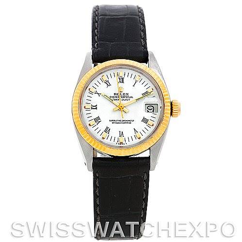 This image shows a front view of a Rolex Mid-Size 6827 Women's Stainless Steel White Dial 6827 Women's Stainless Steel White Dial model watch featuring a white dial, gold bezel, and black leather strap.