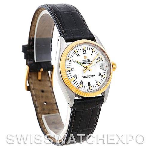 The image shows a Mid-Size Rolex watch at a slight angle, prominently displaying the face, bezel, and leather strap.