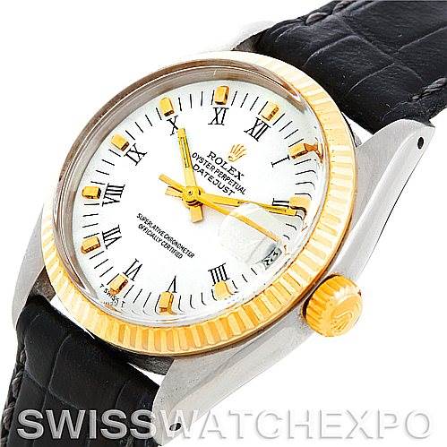 The image shows a Rolex Mid-Size 6827 Women's Stainless Steel White Dial 6827 Women's Stainless Steel White Dial Datejust watch angled to display the face, bezel, crown, and part of the black leather strap.