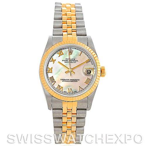 The image shows the front view of the mid-size Rolex watch, displaying the bezel, dial, hands, hour markers, and two-tone bracelet.