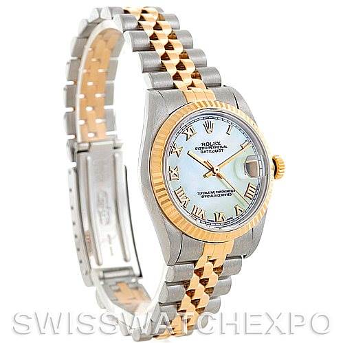 This image shows a Rolex Mid-Size 78273 Women's Stainless Steel Mother of Pearl Dial 78273 Women's Stainless Steel Mother of Pearl Dial Datejust watch at an oblique angle, displaying the watch face, bracelet, and clasp.