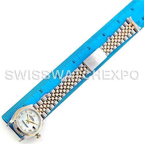 The image shows a Rolex Mid-Size 78273 Women's Stainless Steel Mother of Pearl Dial 78273 Women's Stainless Steel Mother of Pearl Dial model watch laid flat against a blue ruler, displaying the watch face and bracelet.