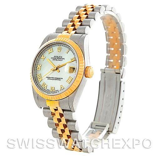 This image shows a side-front view of a Mid-Size Rolex watch featuring a two-tone bracelet and a silver dial.