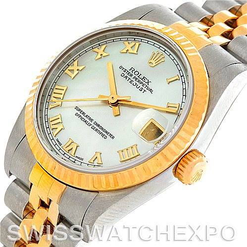 The image shows a close-up, angled view of the Rolex Mid-Size 78273 Women's Stainless Steel Mother of Pearl Dial 78273 Women's Stainless Steel Mother of Pearl Dial Datejust watch, highlighting the face, bezel, and part of the bracelet.
