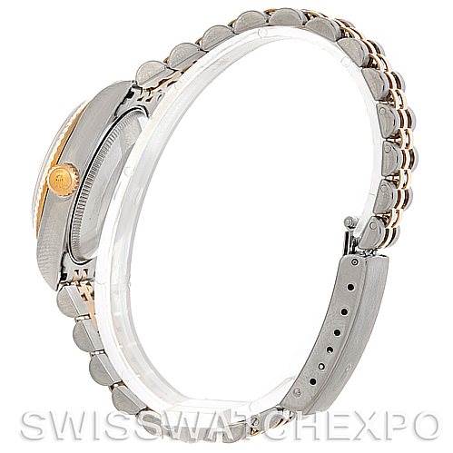 This side view of a Rolex Mid-Size 78273 Women's Stainless Steel Mother of Pearl Dial 78273 Women's Stainless Steel Mother of Pearl Dial model watch shows the bracelet, clasp, crown, and part of the case.