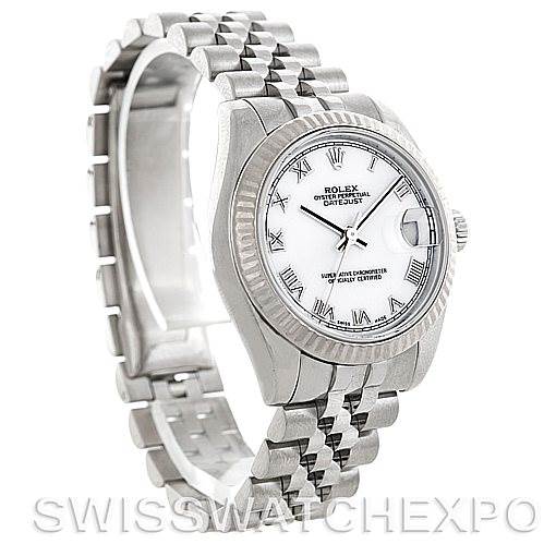 The Rolex Mid-Size 178274 Women
s Stainless Steel White Dial 178274 Women
s Stainless Steel White Dial model is shown from a slightly front-left angle, highlighting the dial, bezel, and bracelet.