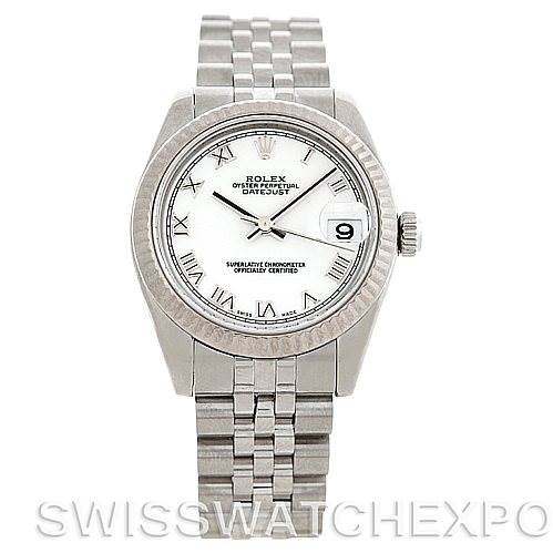 This image shows a frontal view of a Rolex Datejust Mid-Size watch, featuring its face, bezel, and bracelet.