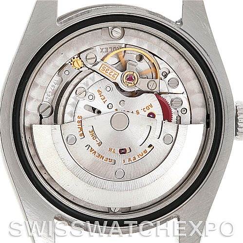 This is a close-up view of the movement inside a Rolex Mid-Size 178274 Women
s Stainless Steel White Dial 178274 Women
s Stainless Steel White Dial model watch, showing its intricate internal components.