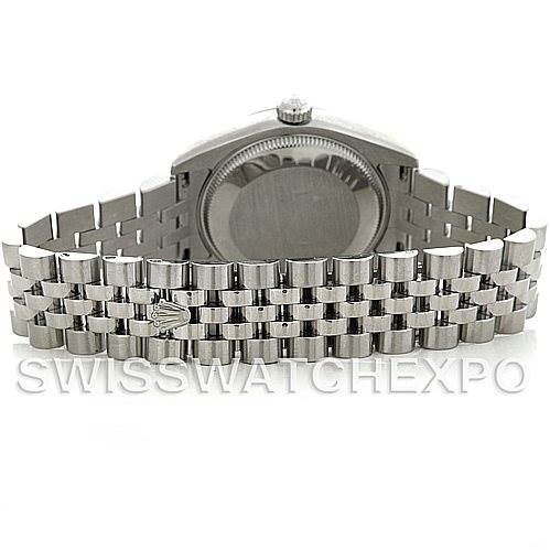 This image shows the back view of a Rolex Mid-Size 178274 Women
s Stainless Steel White Dial 178274 Women
s Stainless Steel White Dial model, highlighting the case back and metal bracelet.