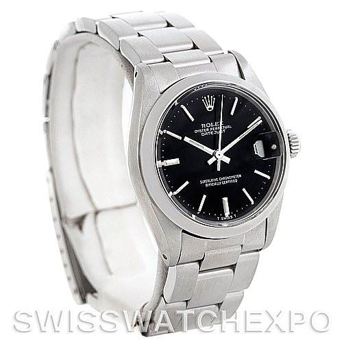 This image shows a side angle view of a Rolex Mid-Size 6824 Women's Stainless Steel Black Dial 6824 Women's Stainless Steel Black Dial model watch, displaying the bracelet, case, and dial.