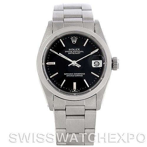 The image shows a front view of the Rolex Mid-Size 6824 Women's Stainless Steel Black Dial 6824 Women's Stainless Steel Black Dial model with a metal bracelet, black dial, and date window at the 3 o'clock position.