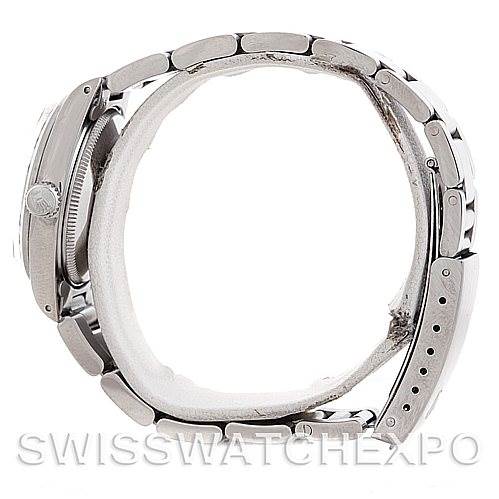 This image shows a side view of a Rolex Mid-Size 6824 Women's Stainless Steel Black Dial 6824 Women's Stainless Steel Black Dial model watch, highlighting the bracelet and the crown.