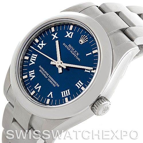 The image shows a Rolex Mid-Size 177200 Women's Stainless Steel Blue Dial 177200 Women's Stainless Steel Blue Dial watch from an angled view, displaying the face, bezel, crown, and part of the bracelet.