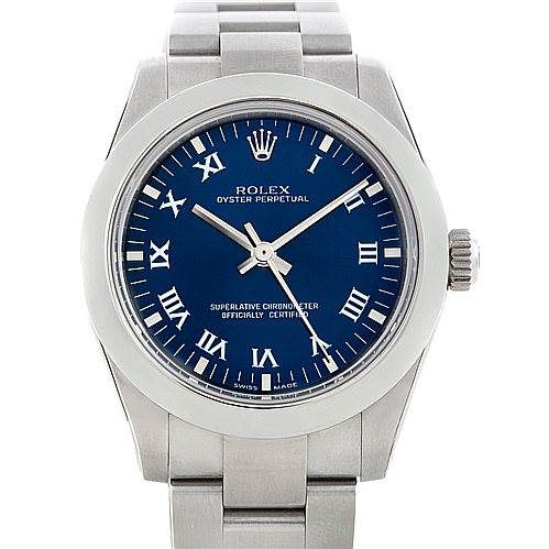 This image shows a frontal view of a Rolex Oyster Perpetual Mid-Size watch, displaying the dial, bezel, and bracelet.