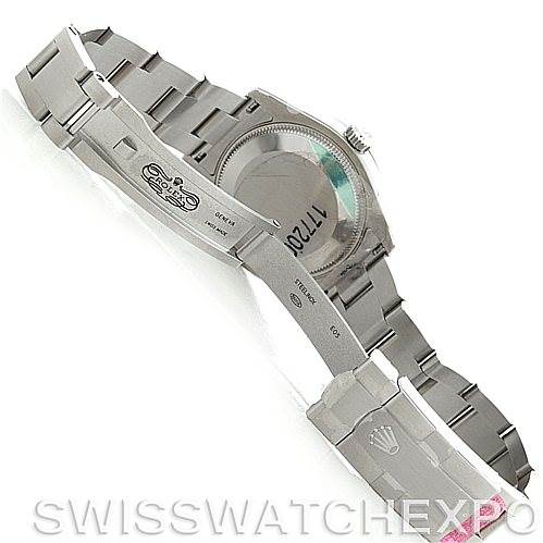 The angled shot shows the open clasp and back of a Rolex Mid-Size 177200 Women's Stainless Steel Blue Dial 177200 Women's Stainless Steel Blue Dial watch, highlighting its bracelet and case back.