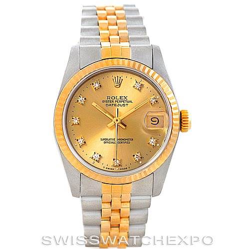 The image shows a frontal view of a Rolex Mid-Size 68273 Women's Stainless Steel Champagne Dial 68273 Women's Stainless Steel Champagne Dial Datejust watch, showcasing its dial, bezel, crown, and bracelet.