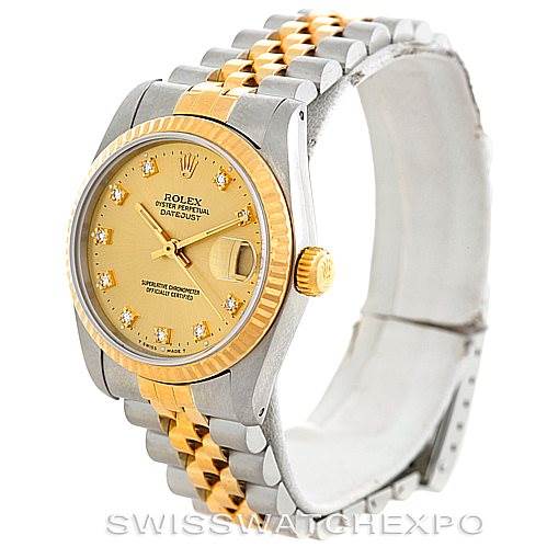 This image shows a Rolex Datejust Mid-Size model at a front and angled view, highlighting its dial, bezel, and two-tone bracelet.
