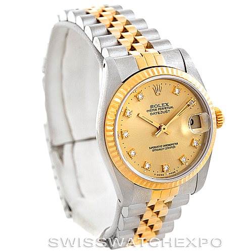 This Rolex Mid-Size 68273 Women's Stainless Steel Champagne Dial 68273 Women's Stainless Steel Champagne Dial model is shown at an angled view, displaying the face, bezel, crown, and part of the two-tone bracelet.