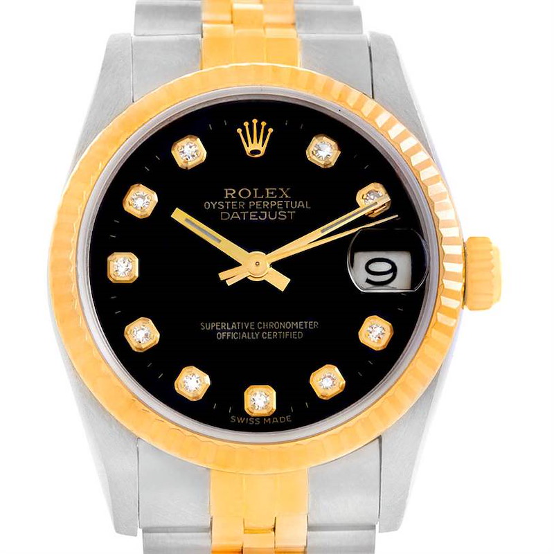 This image shows a frontal view of a Rolex Mid-Size Oyster Perpetual Datejust watch with a two-tone bracelet.