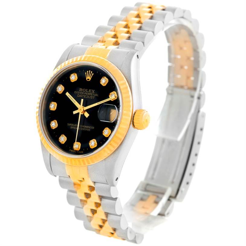 The Rolex Mid-Size 68273 Women's Stainless Steel Black Dial 68273 Women's Stainless Steel Black Dial Datejust watch is shown from a front angle, displaying the dial, bezel, and bracelet.