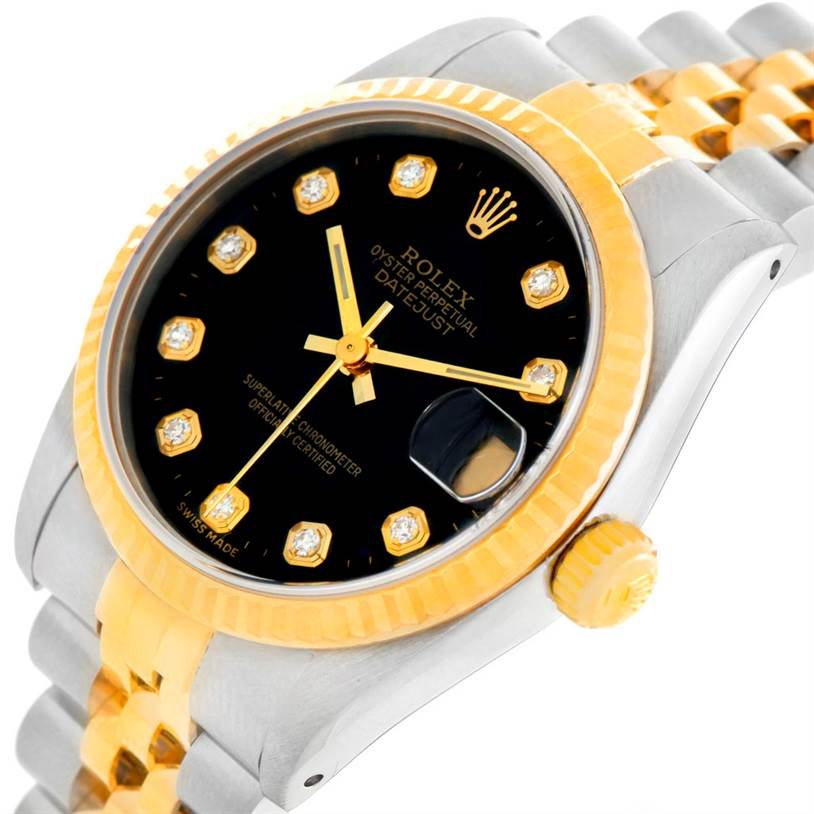 This Rolex Mid-Size 68273 Women's Stainless Steel Black Dial 68273 Women's Stainless Steel Black Dial watch is shown from a close-up angle, showcasing the bezel, dial, crown, and part of the bracelet.