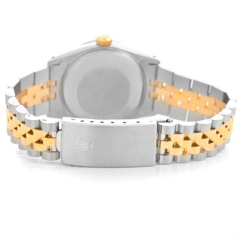 This image shows the back view of a Rolex Mid-Size 68273 Women's Stainless Steel Black Dial 68273 Women's Stainless Steel Black Dial model watch, highlighting the case back and two-tone bracelet.