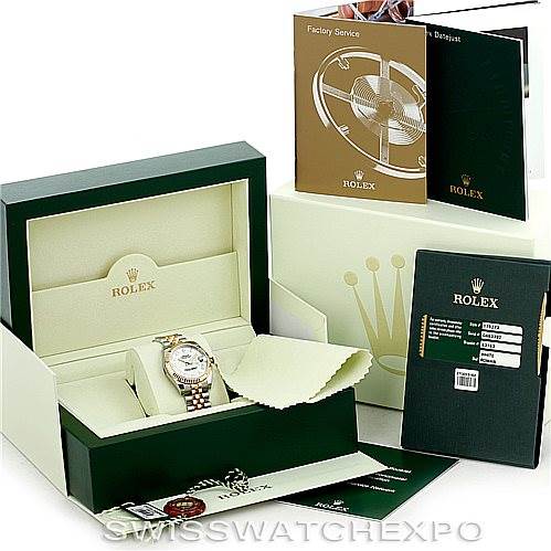 The image shows a Rolex Mid-Size 178273 Women's Steel and Gold (two tone) White Dial 178273 Women's Steel and Gold (two tone) White Dial model watch in its box, along with manuals, and other packaging components.