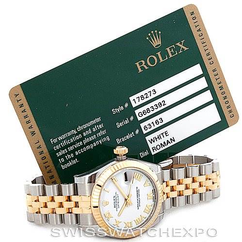 The image shows a Rolex Mid-Size 178273 Women's Steel and Gold (two tone) White Dial 178273 Women's Steel and Gold (two tone) White Dial model watch with a jubilee bracelet, white dial with Roman numerals, and its certification card.