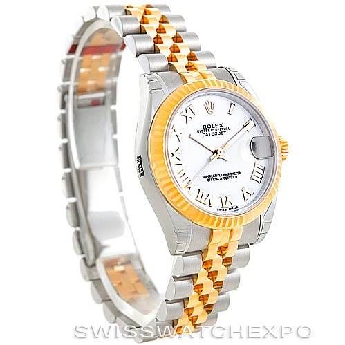 The image shows a side and partial top view of a Mid-Size Rolex Datejust watch with a two-tone bracelet and fluted bezel.