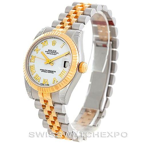 The image shows a Rolex Mid-Size 178273 Women's Steel and Gold (two tone) White Dial 178273 Women's Steel and Gold (two tone) White Dial Datejust watch at a slight side angle with a two-tone metal bracelet and a white dial.
