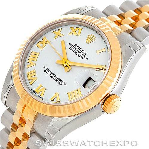 This image shows a Rolex Mid-Size 178273 Women's Steel and Gold (two tone) White Dial 178273 Women's Steel and Gold (two tone) White Dial Datejust watch at an angle highlighting the bezel, crown, bracelet, and face with Roman numerals.