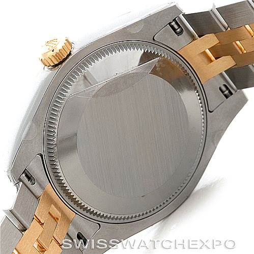 The image shows the case back, part of the bracelet, and the crown of a Rolex Mid-Size 178273 Women's Steel and Gold (two tone) White Dial 178273 Women's Steel and Gold (two tone) White Dial model watch.