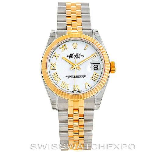 This image shows the front view of a Rolex Mid-Size 178273 Women's Steel and Gold (two tone) White Dial 178273 Women's Steel and Gold (two tone) White Dial Datejust with a two-tone bracelet and gold accents on the bezel and dial.