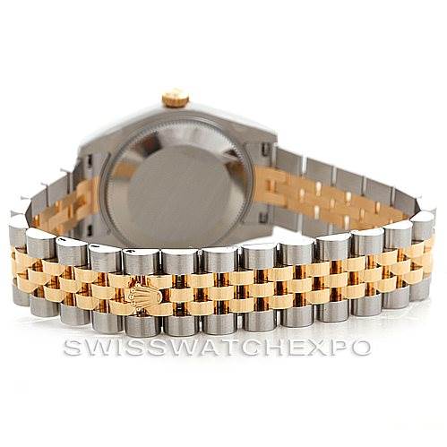 The image shows the back view of a Rolex Mid-Size 178273 Women's Steel and Gold (two tone) White Dial 178273 Women's Steel and Gold (two tone) White Dial watch, highlighting its bi-color metal bracelet.