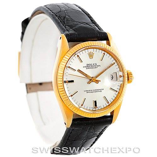 This image shows a side angle of the Rolex Mid-Size 6827 Women's Yellow Gold Silver Dial 6827 Women's Yellow Gold Silver Dial Datejust watch, highlighting its dial, bezel, crown, and leather strap.