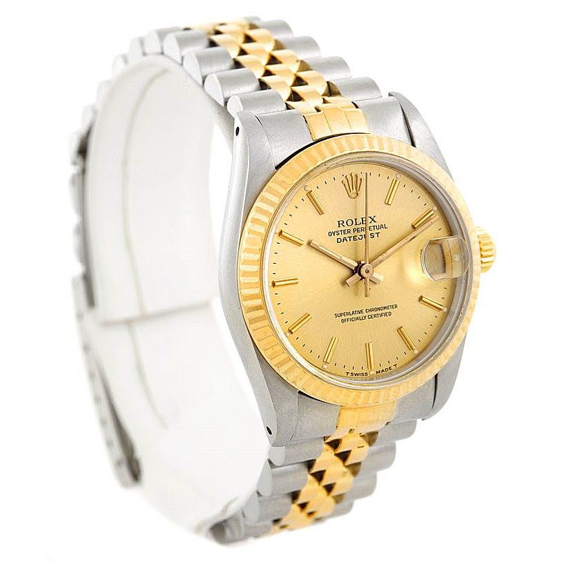 The Rolex Mid-Size 68273 Women's Stainless Steel Champagne Dial 68273 Women's Stainless Steel Champagne Dial Datejust watch is shown at a front angle, highlighting the gold dial, bezel, and two-tone bracelet.