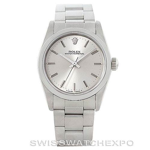 The image shows a front view of a Mid-Size Rolex Oyster Perpetual watch, displaying its dial, bezel, crown, and bracelet.