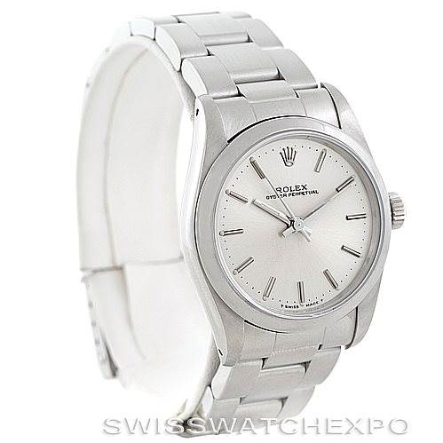 The image shows a Rolex Mid-Size 67480 Women's Stainless Steel Silver Dial 67480 Women's Stainless Steel Silver Dial watch from a front-right angle, highlighting the face, crown, and bracelet.