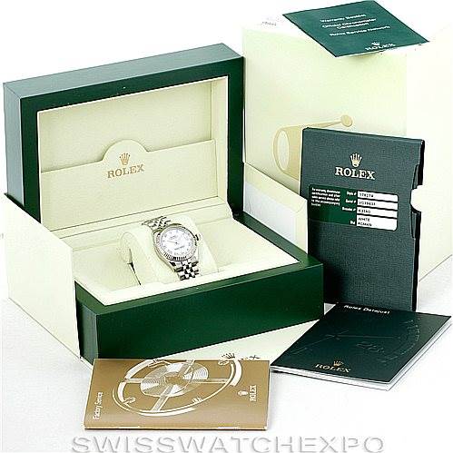 The image shows a Rolex Mid-Size 178274 Women's Stainless Steel White Dial 178274 Women's Stainless Steel White Dial watch in its open box, along with several booklets and certification cards placed around the box.
